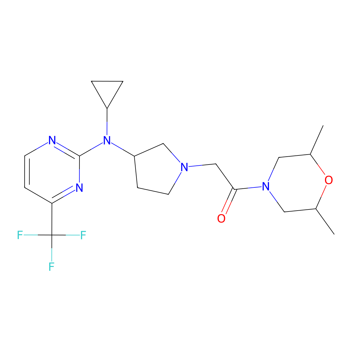 2-(3-{Cyclopropyl[4-(trifluoromethyl)pyrimidin-2-yl]amino}pyrrolidin-1-yl)-1-(2,6-dimethylmorpholin-4-yl)ethan-1-one molecular structure, CAS 3030725-43-7