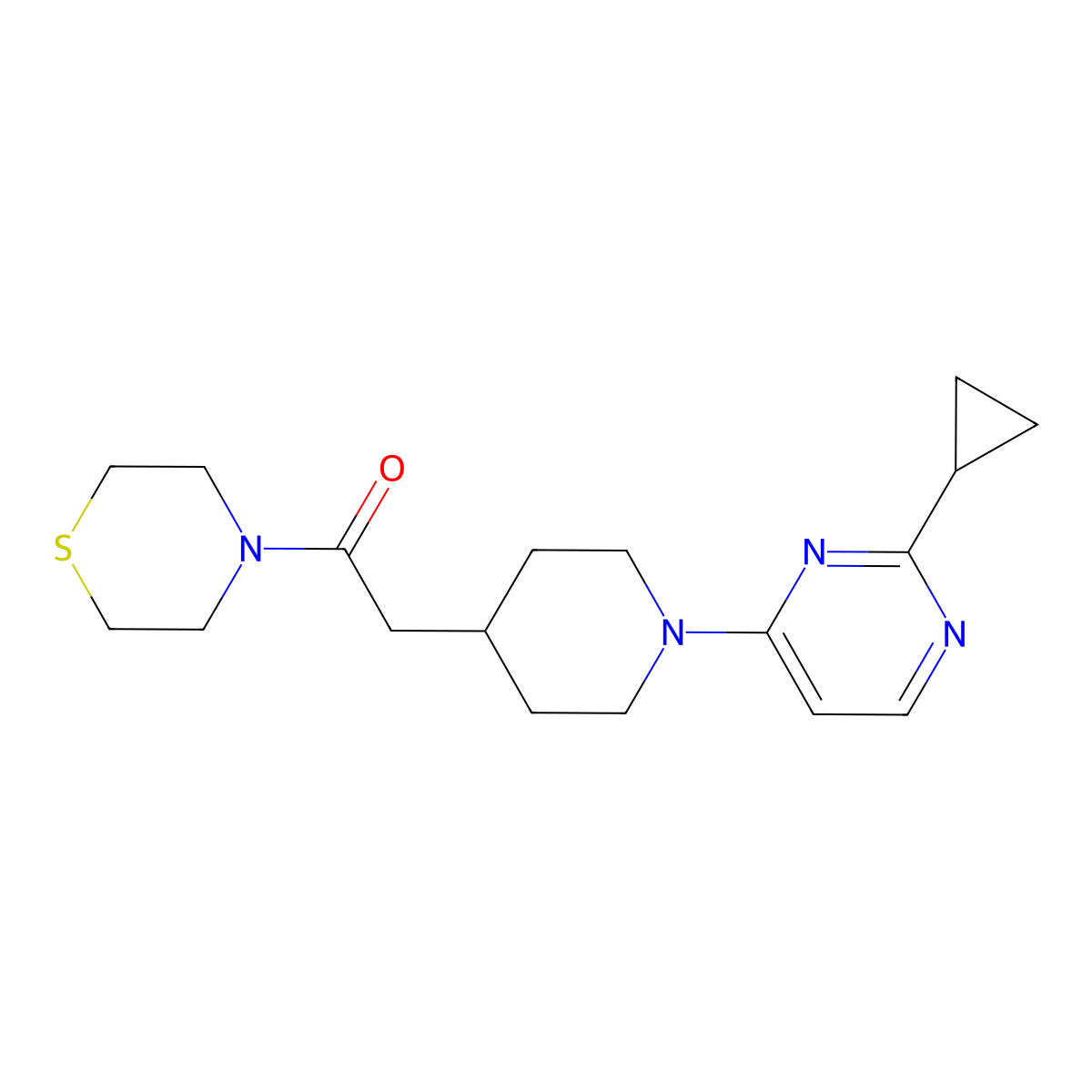 2-[1-(2-Cyclopropylpyrimidin-4-yl)piperidin-4-yl]-1-(thiomorpholin-4-yl)ethan-1-one molecular structure, CAS 3030725-69-7