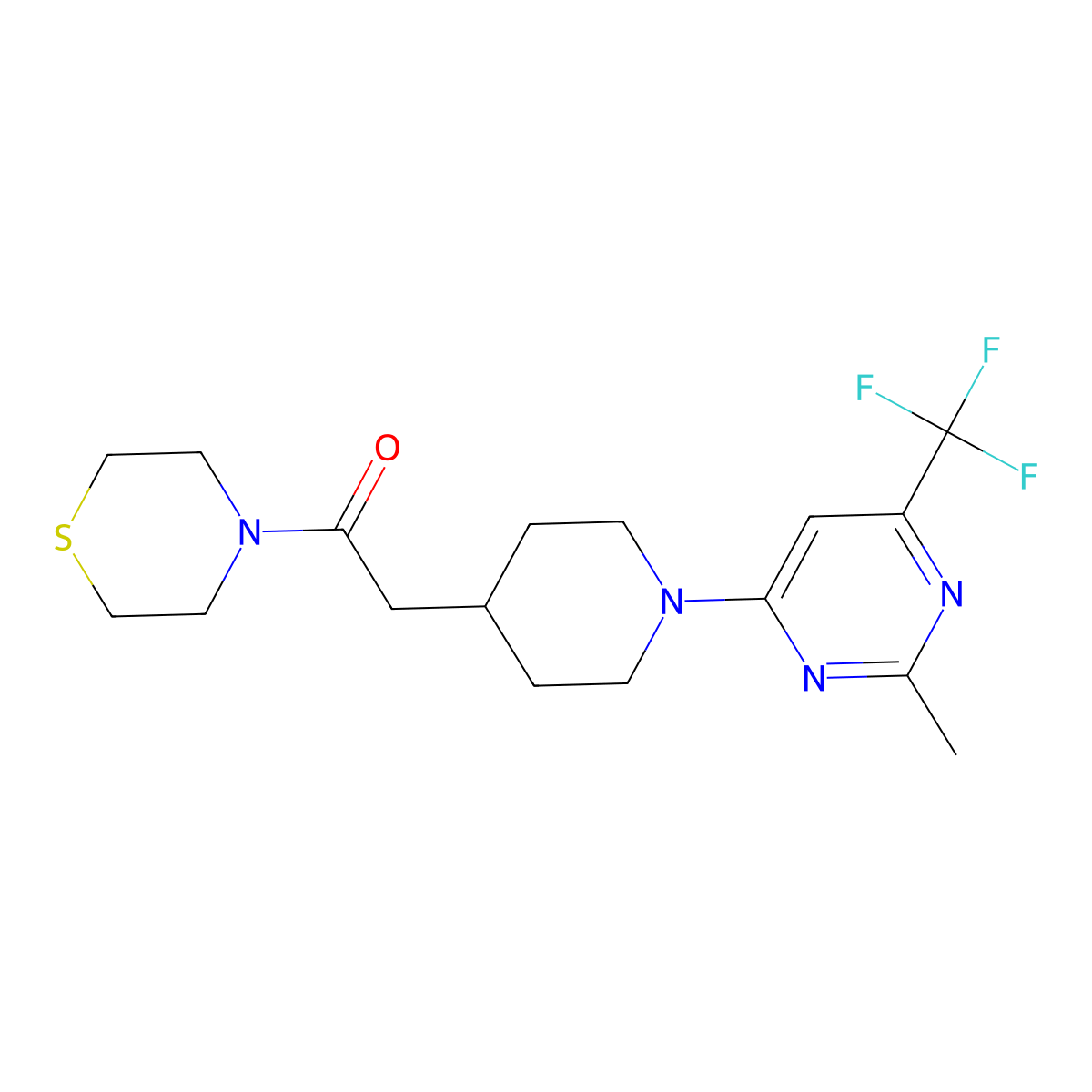 2-{1-[2-Methyl-6-(trifluoromethyl)pyrimidin-4-yl]piperidin-4-yl}-1-(thiomorpholin-4-yl)ethan-1-one molecular structure, CAS 3030725-72-2