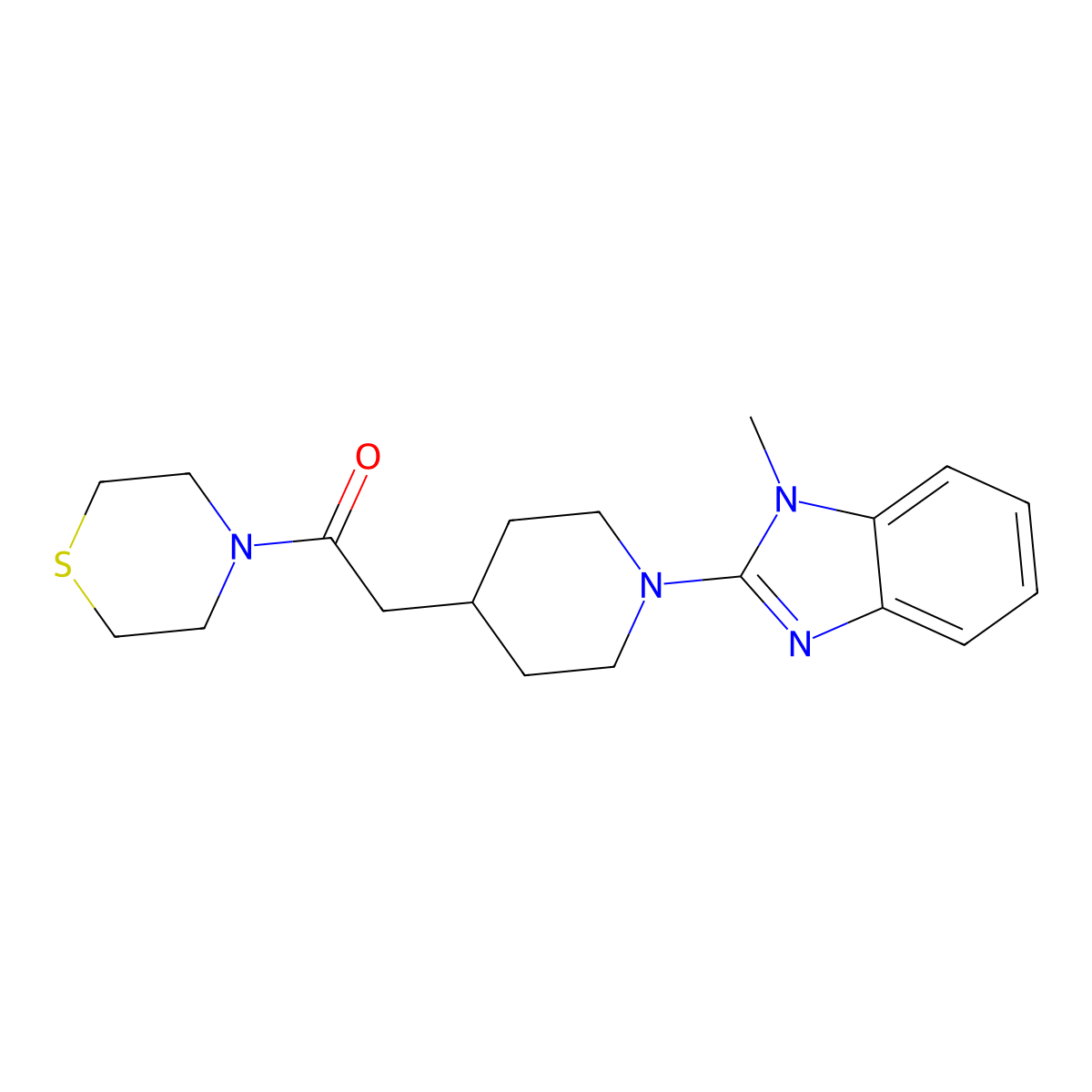 2-[1-(1-methyl-1H-1,3-benzodiazol-2-yl)piperidin-4-yl]-1-(thiomorpholin-4-yl)ethan-1-one molecular structure, CAS 3030725-77-7