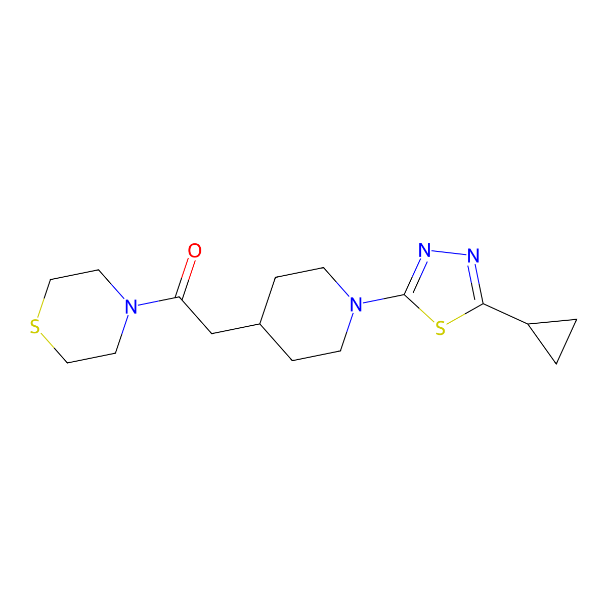 2-[1-(5-Cyclopropyl-1,3,4-thiadiazol-2-yl)piperidin-4-yl]-1-(thiomorpholin-4-yl)ethan-1-one molecular structure, CAS 3030725-80-2