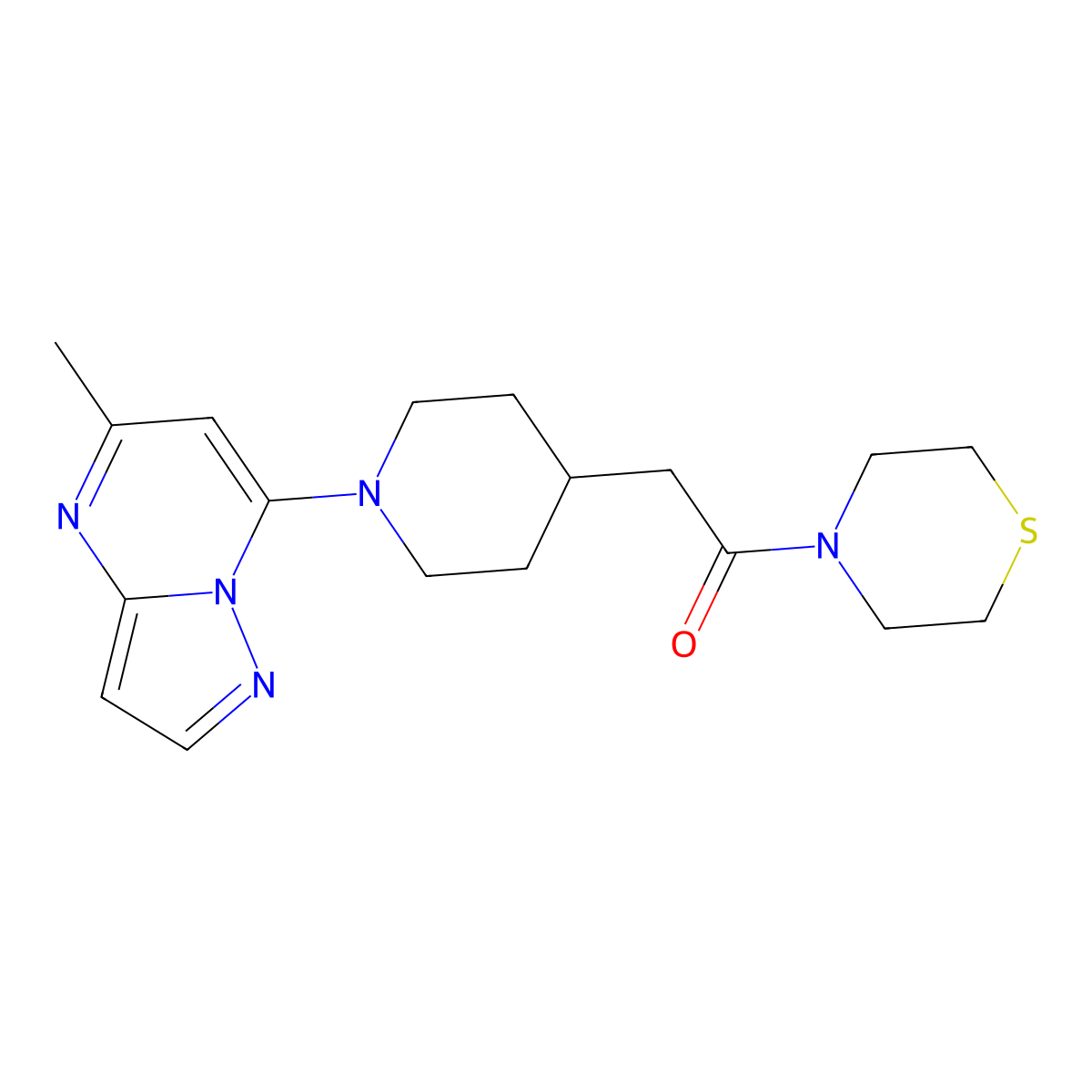 2-(1-{5-Methylpyrazolo[1,5-a]pyrimidin-7-yl}piperidin-4-yl)-1-(thiomorpholin-4-yl)ethan-1-one molecular structure, CAS 3030725-82-4