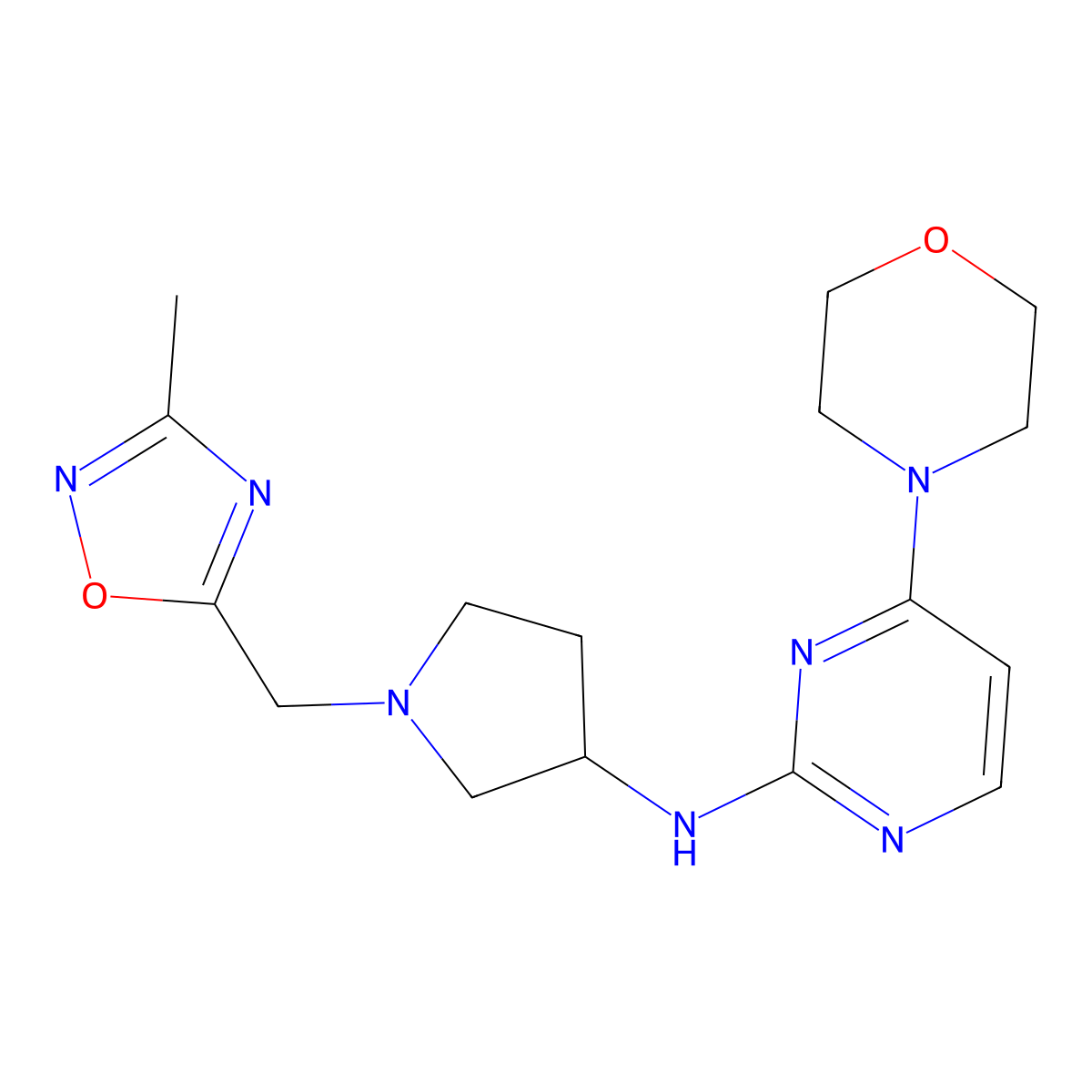 N-{1-[(3-methyl-1,2,4-oxadiazol-5-yl)methyl]pyrrolidin-3-yl}-4-(morpholin-4-yl)pyrimidin-2-amine molecular structure, CAS 3030726-02-1