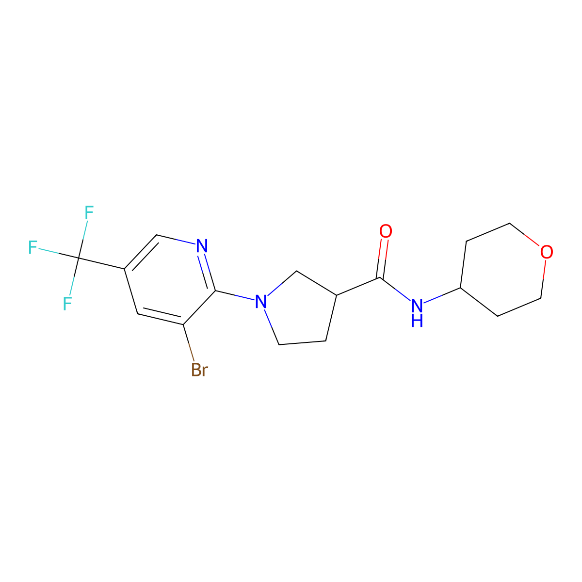 1-[3-bromo-5-(trifluoromethyl)pyridin-2-yl]-N-(oxan-4-yl)pyrrolidine-3-carboxamide molecular structure, CAS 3030726-31-6