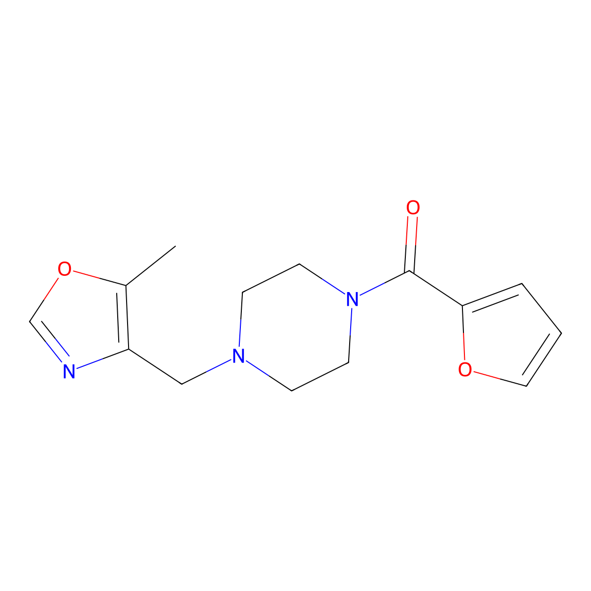1-(Furan-2-carbonyl)-4-[(5-methyl-1,3-oxazol-4-yl)methyl]piperazine molecular structure, CAS 3030726-49-6
