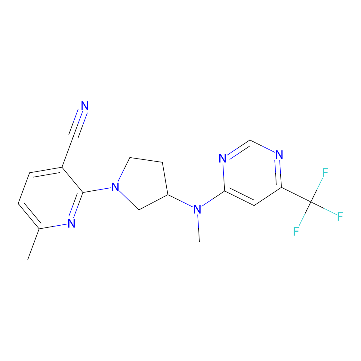 6-Methyl-2-(3-{methyl[6-(trifluoromethyl)pyrimidin-4-yl]amino}pyrrolidin-1-yl)pyridine-3-carbonitrile molecular structure, CAS 3030726-51-0