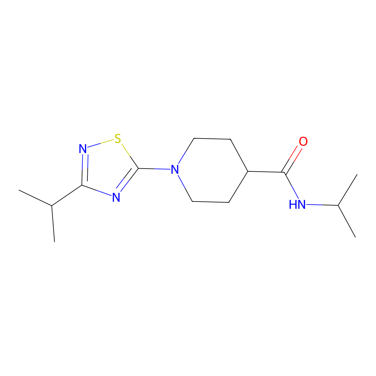N-(propan-2-yl)-1-[3-(propan-2-yl)-1,2,4-thiadiazol-5-yl]piperidine-4-carboxamide molecular structure, CAS 3030726-77-0