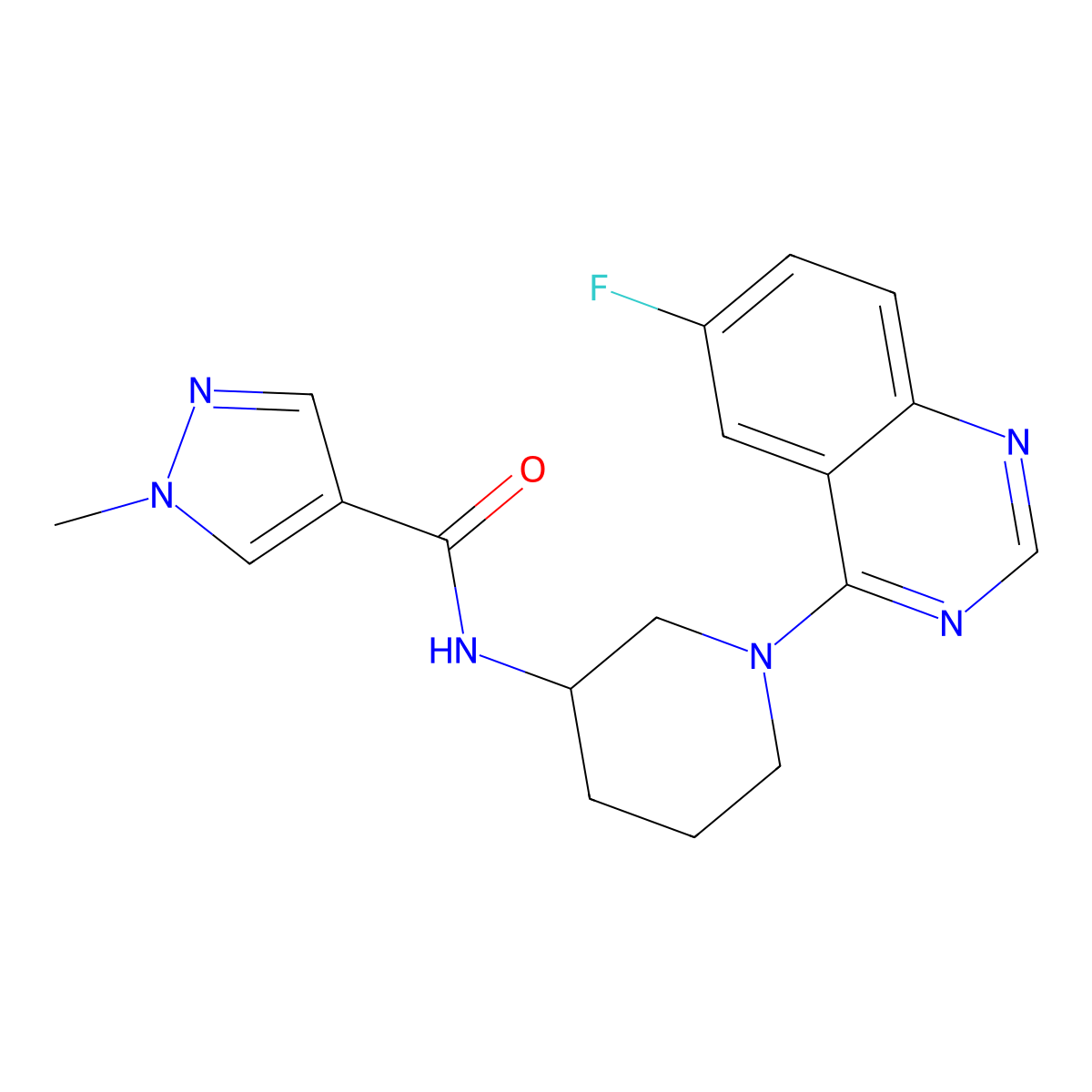 N-[1-(6-fluoroquinazolin-4-yl)piperidin-3-yl]-1-methyl-1H-pyrazole-4-carboxamide molecular structure, CAS 3030726-86-1