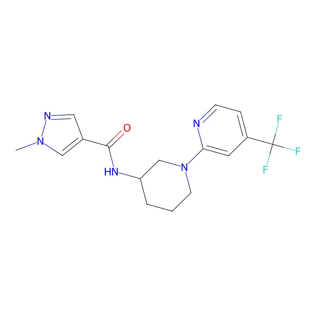 1-methyl-N-{1-[4-(trifluoromethyl)pyridin-2-yl]piperidin-3-yl}-1H-pyrazole-4-carboxamide molecular structure, CAS 3030726-92-9