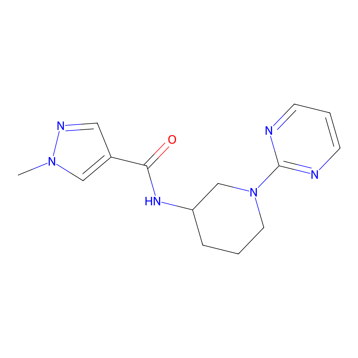 1-methyl-N-[1-(pyrimidin-2-yl)piperidin-3-yl]-1H-pyrazole-4-carboxamide molecular structure, CAS 3030726-99-6