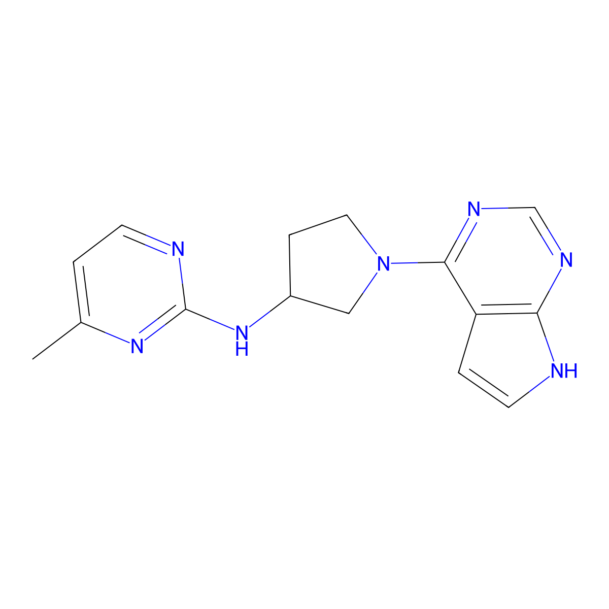 4-methyl-N-(1-{7H-pyrrolo[2,3-d]pyrimidin-4-yl}pyrrolidin-3-yl)pyrimidin-2-amine molecular structure, CAS 3030727-00-2