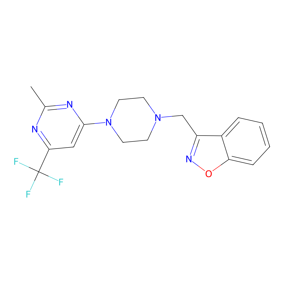 3-({4-[2-Methyl-6-(trifluoromethyl)pyrimidin-4-yl]piperazin-1-yl}methyl)-1,2-benzoxazole molecular structure, CAS 3030727-04-6
