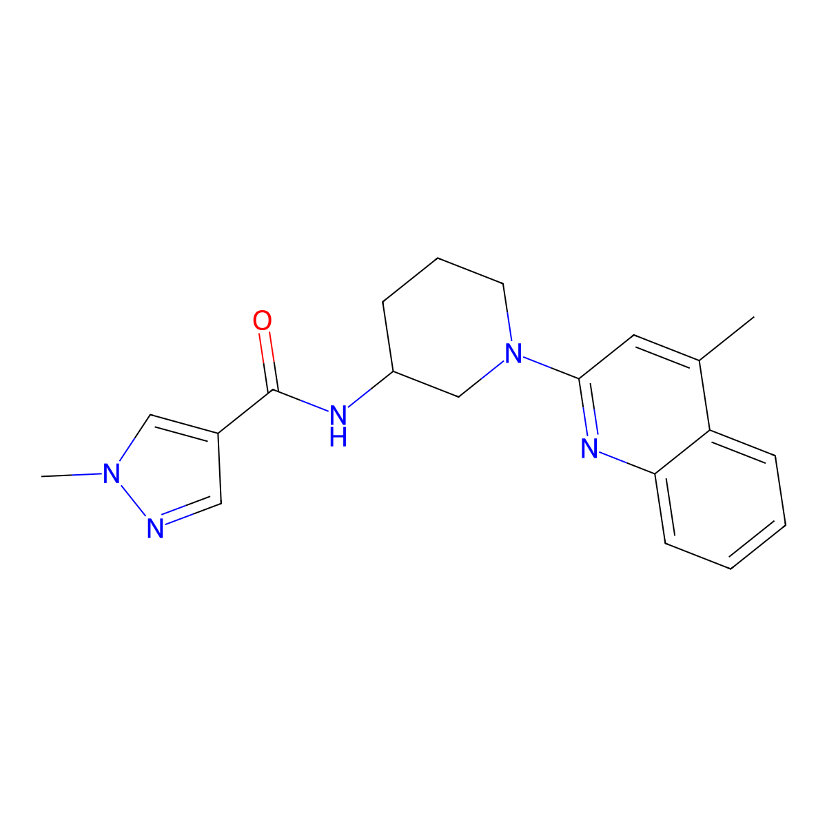 1-methyl-N-[1-(4-methylquinolin-2-yl)piperidin-3-yl]-1H-pyrazole-4-carboxamide molecular structure, CAS 3030727-20-6