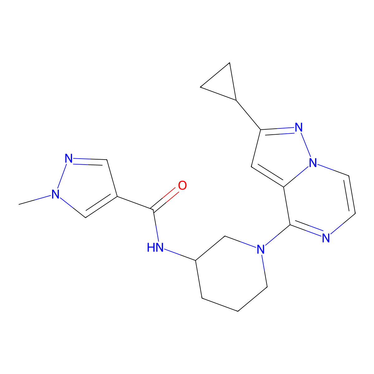N-(1-{2-cyclopropylpyrazolo[1,5-a]pyrazin-4-yl}piperidin-3-yl)-1-methyl-1H-pyrazole-4-carboxamide molecular structure, CAS 3030727-23-9
