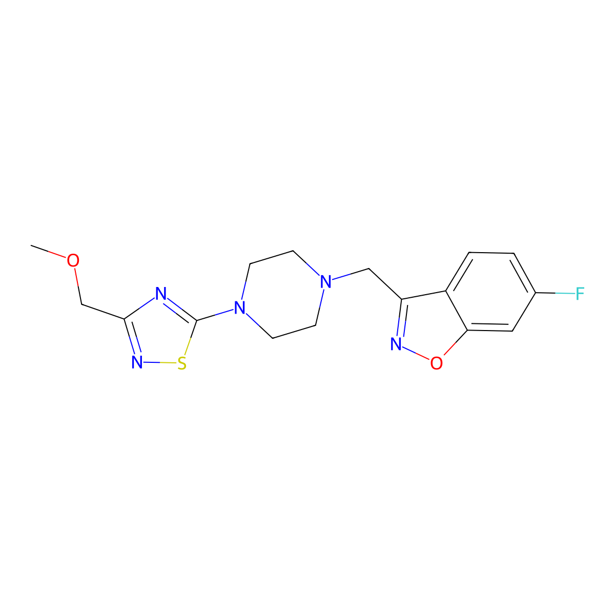 6-Fluoro-3-({4-[3-(methoxymethyl)-1,2,4-thiadiazol-5-yl]piperazin-1-yl}methyl)-1,2-benzoxazole molecular structure, CAS 3030727-25-1