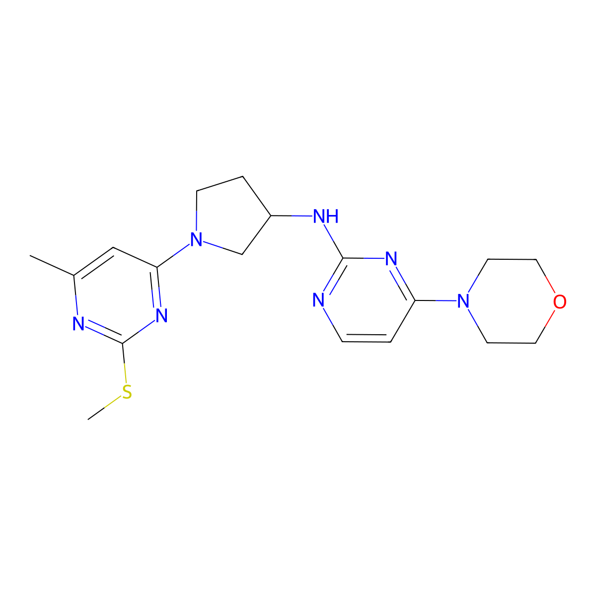 N-{1-[6-methyl-2-(methylsulfanyl)pyrimidin-4-yl]pyrrolidin-3-yl}-4-(morpholin-4-yl)pyrimidin-2-amine molecular structure, CAS 3030728-58-3