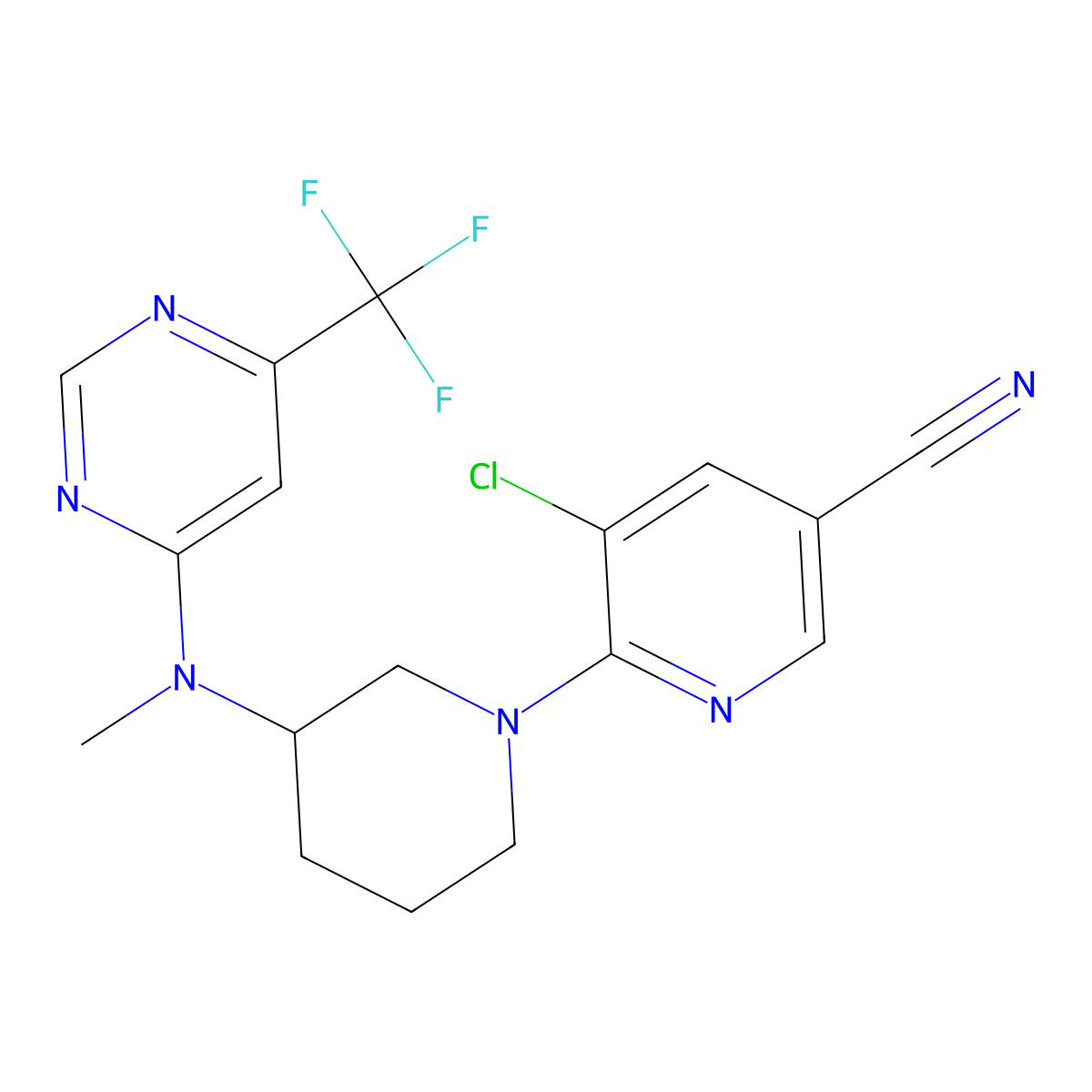 5-Chloro-6-(3-{methyl[6-(trifluoromethyl)pyrimidin-4-yl]amino}piperidin-1-yl)pyridine-3-carbonitrile molecular structure, CAS 3030728-94-7