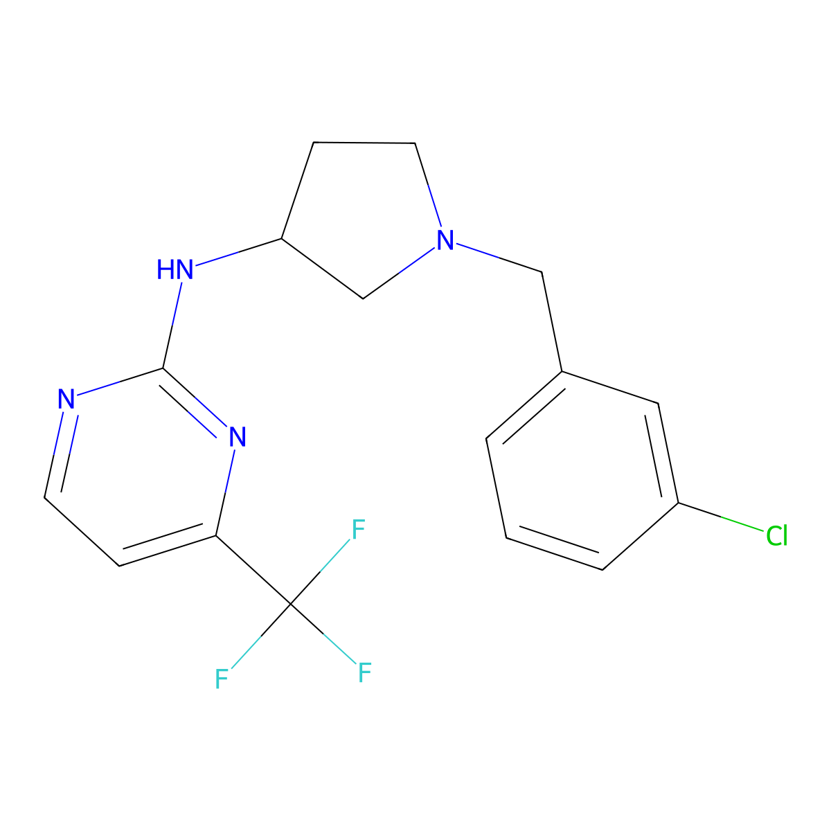 N-[1-[(3-chlorophenyl)methyl]pyrrolidin-3-yl]-4-(trifluorome+)pyrimidin-2-amine molecular structure, CAS 3030729-16-6