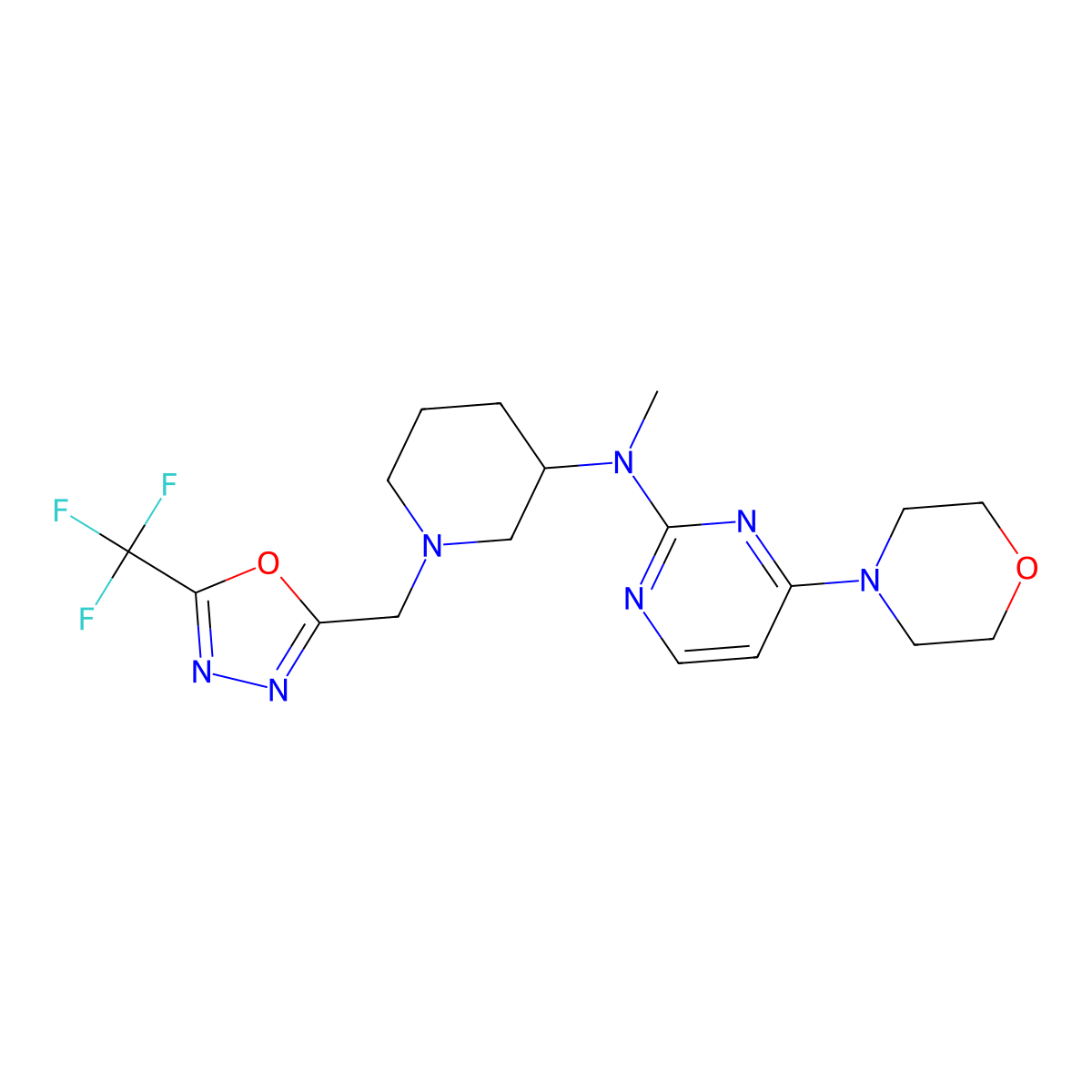 N-methyl-4-(morpholin-4-yl)-N-(1-{[5-(trifluoromethyl)-1,3,4-oxadiazol-2-yl]methyl}piperidin-3-yl)pyrimidin-2-amine molecular structure, CAS 3030729-17-7