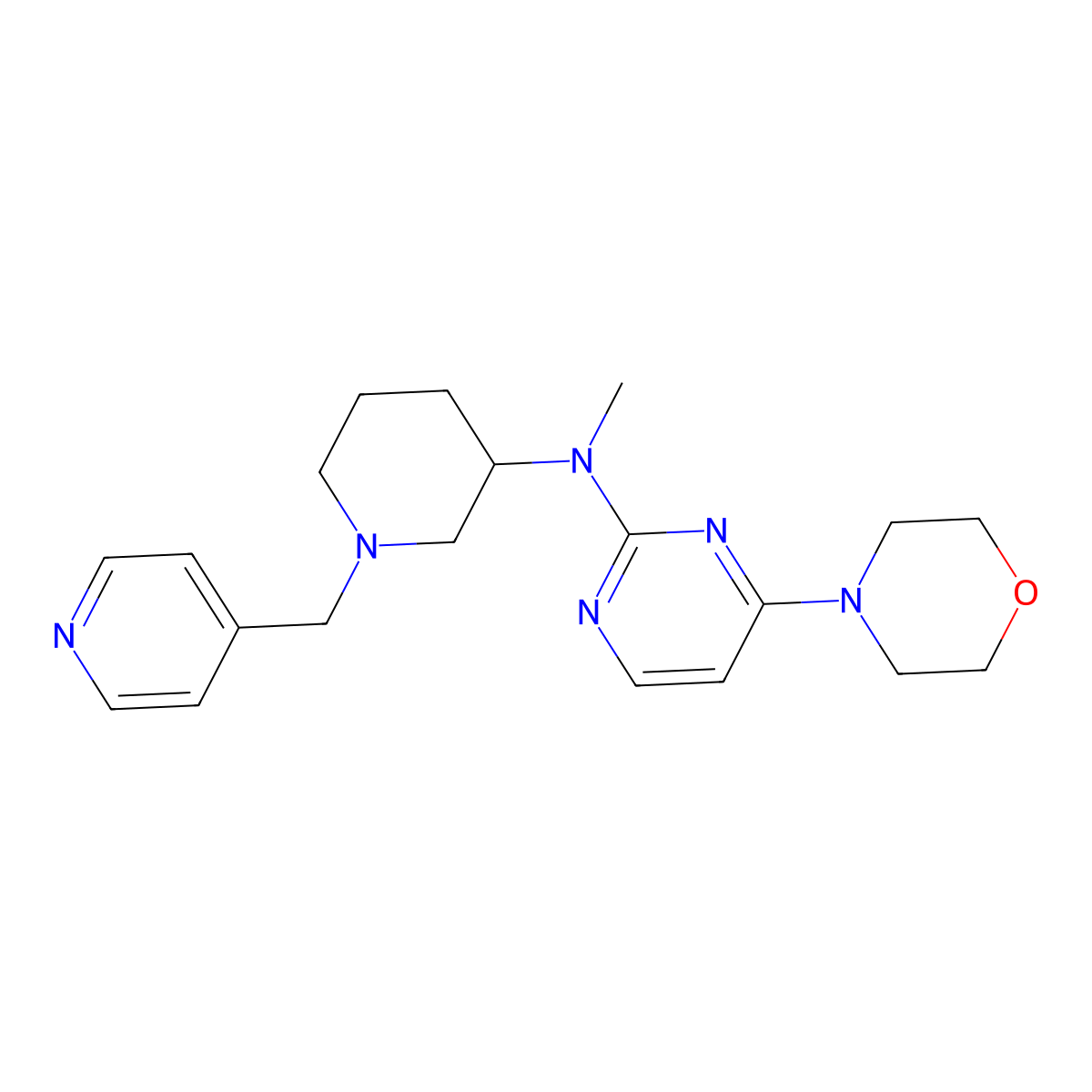 N-methyl-4-(morpholin-4-yl)-N-{1-[(pyridin-4-yl)methyl]piperidin-3-yl}pyrimidin-2-amine molecular structure, CAS 3030729-20-2
