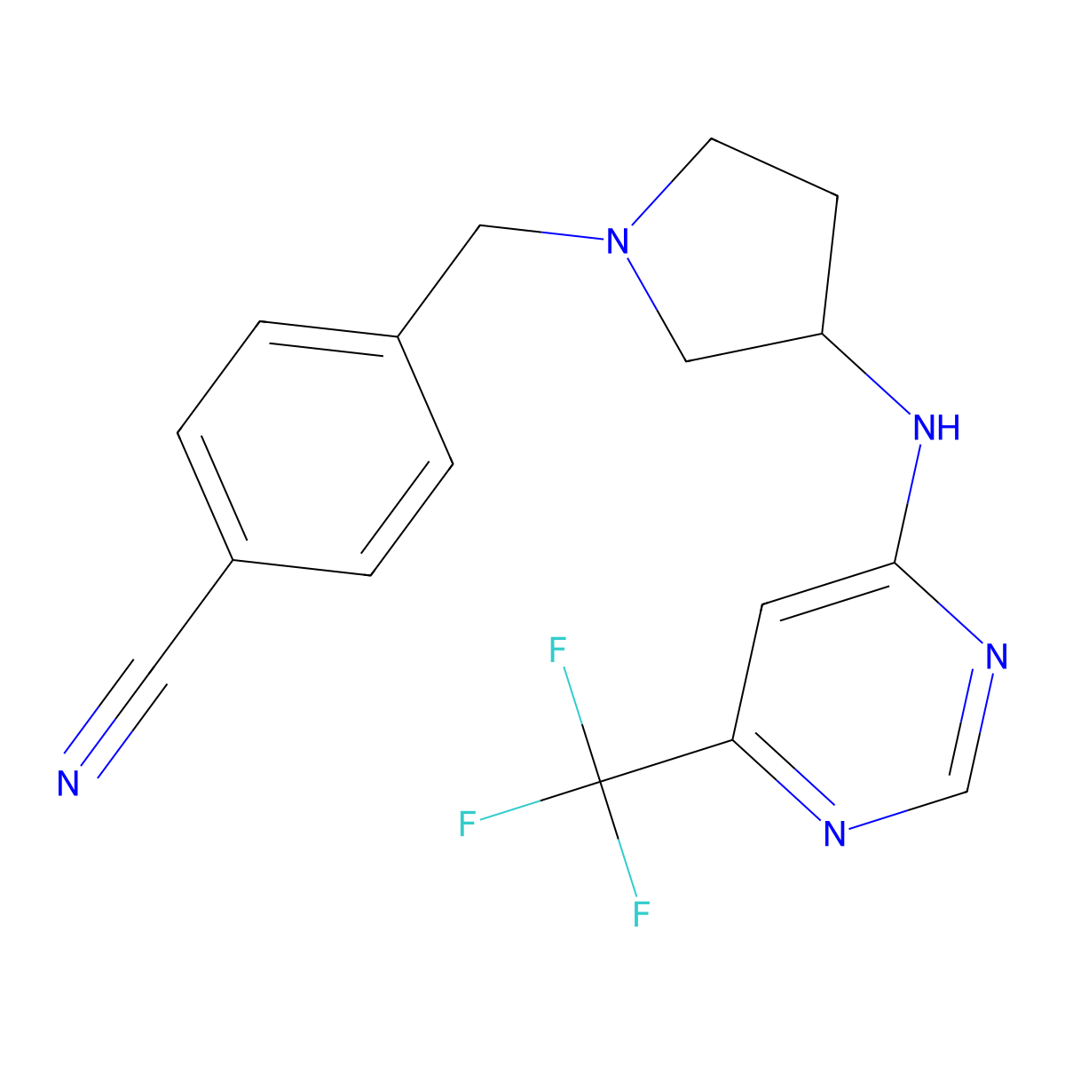 4-[(3-{[6-(Trifluoromethyl)pyrimidin-4-yl]amino}pyrrolidin-1-yl)methyl]benzonitrile molecular structure, CAS 3030738-86-1
