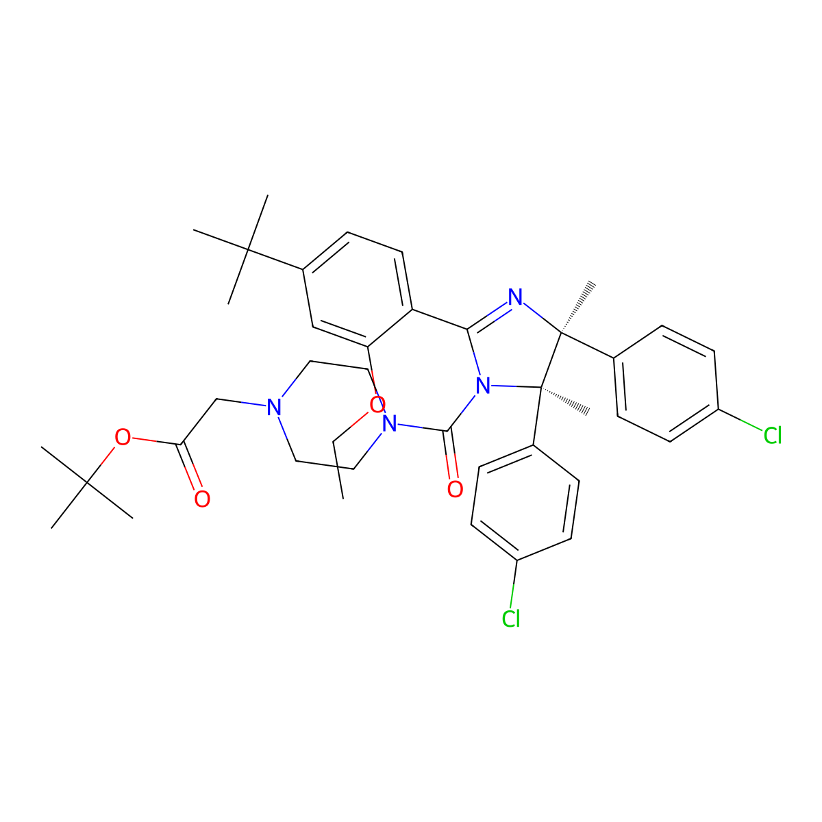 2-methylpropan-2-yl (4-{[(4S,5R)-4,5-bis(4-chlorophenyl)-2-[2-ethoxy-4-(2-methylprop-2-yl)phenyl]-4,5-dimethyl-4,5-dihydro-1H-imidazol-1-yl]carbonyl}piperazin-1-yl)acetate molecular structure, CAS 3030741-26-2