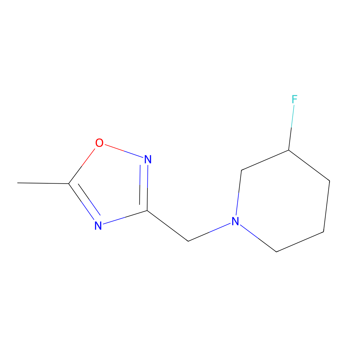 3-[(3-Fluoropiperidin-1-yl)methyl]-5-methyl-1,2,4-oxadiazole molecular structure, CAS 3030750-38-7