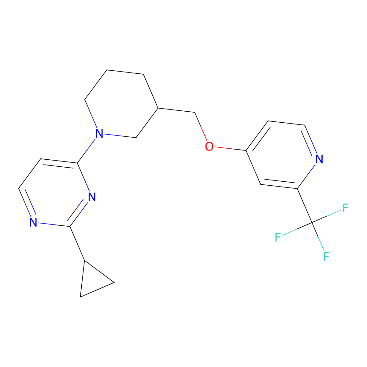 2-Cyclopropyl-4-[3-[[2-(trifluoromethyl)pyridin-4-yl]oxymethyl]piperidin-1-yl]pyrimidine molecular structure, CAS 3030750-56-9