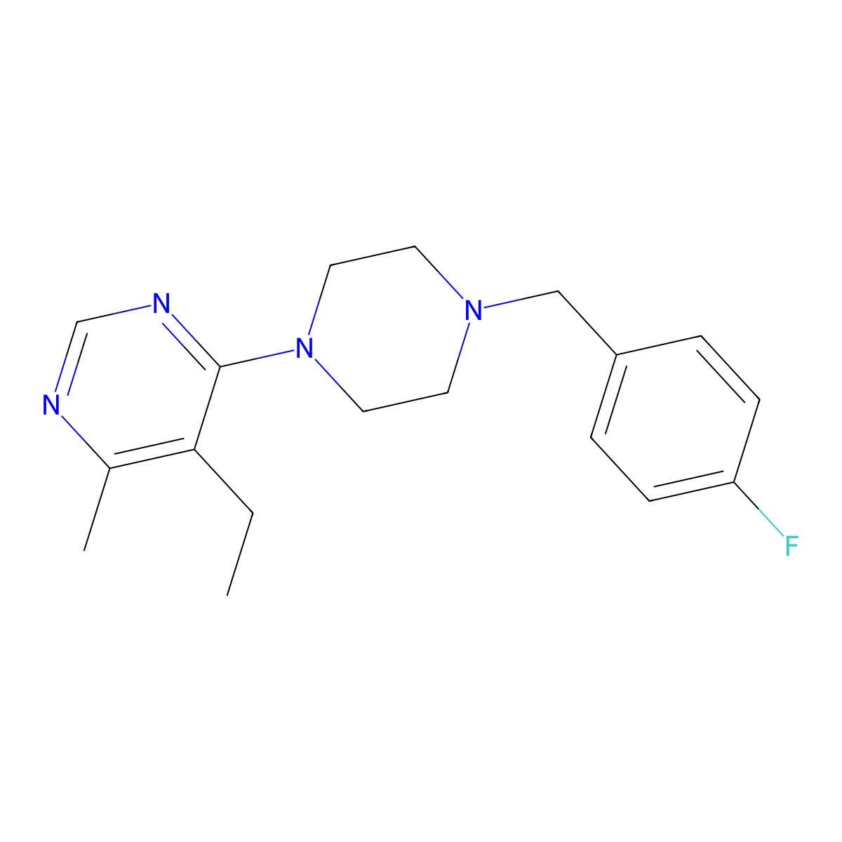 5-Ethyl-4-[4-[(4-fluorophenyl)methyl]piperazin-1-yl]-6-methylpyrimidine molecular structure, CAS 3030760-62-1