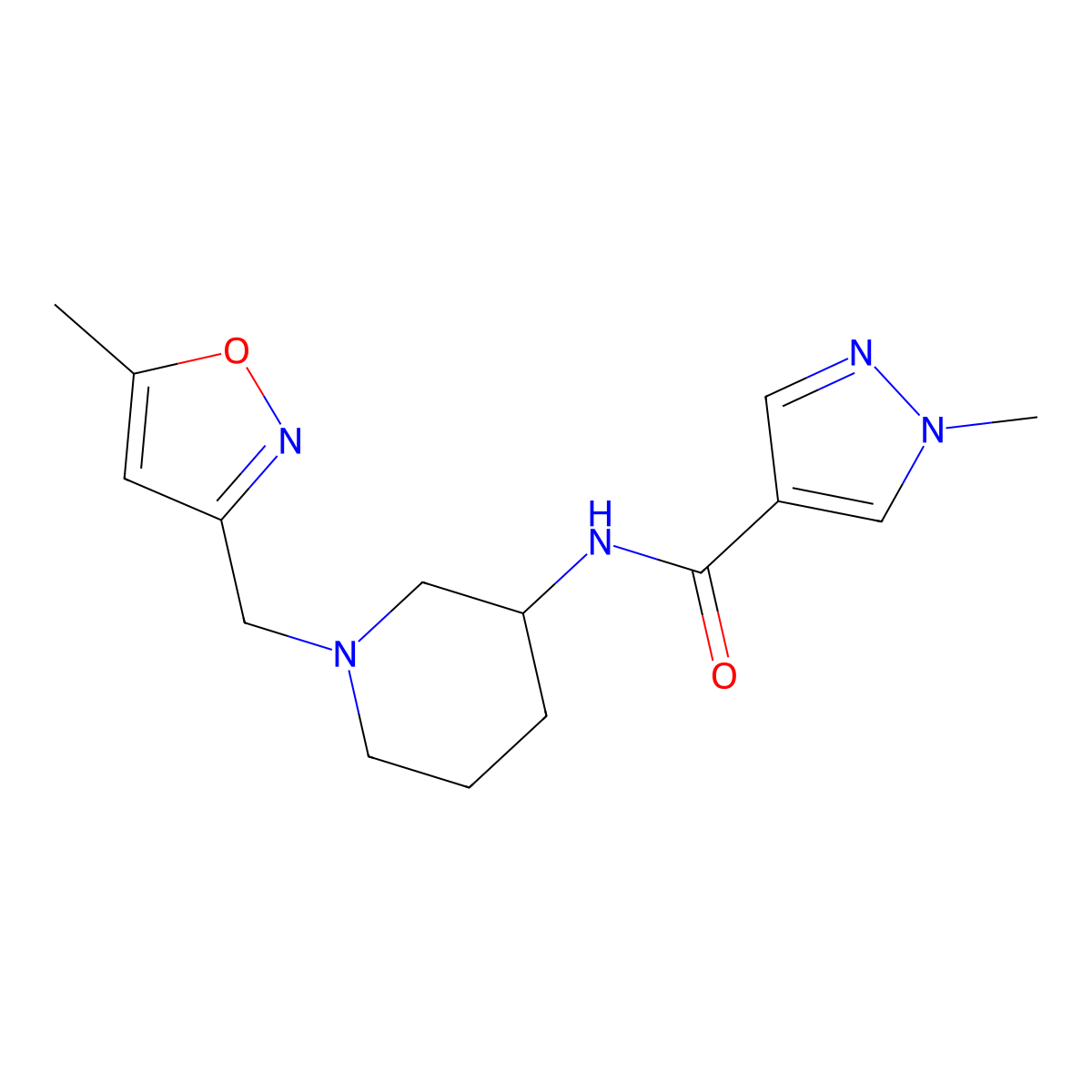 1-methyl-N-{1-[(5-methyl-1,2-oxazol-3-yl)methyl]piperidin-3-yl}-1H-pyrazole-4-carboxamide molecular structure, CAS 3030761-74-8