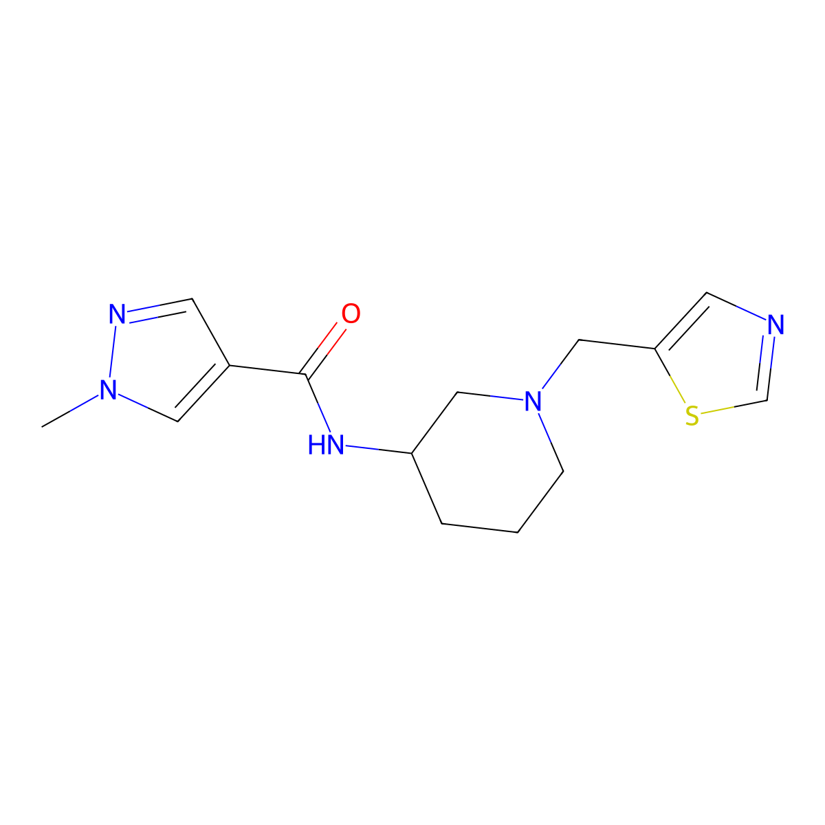 1-methyl-N-{1-[(1,3-thiazol-5-yl)methyl]piperidin-3-yl}-1H-pyrazole-4-carboxamide molecular structure, CAS 3030761-81-7