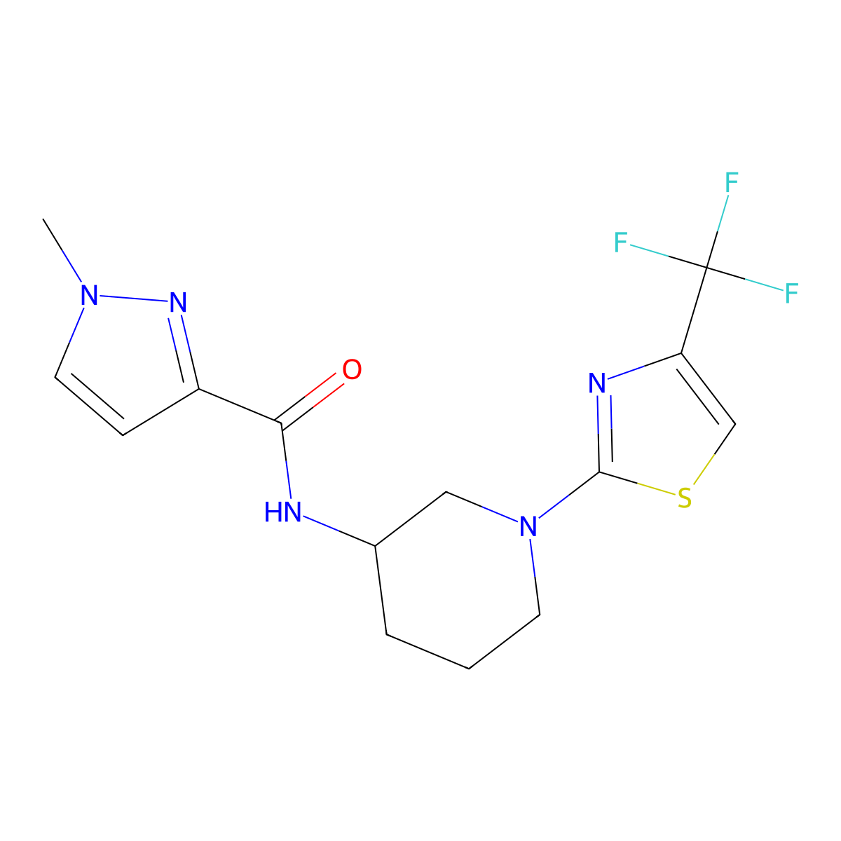 1-methyl-N-{1-[4-(trifluoromethyl)-1,3-thiazol-2-yl]piperidin-3-yl}-1H-pyrazole-3-carboxamide molecular structure, CAS 3030762-10-5