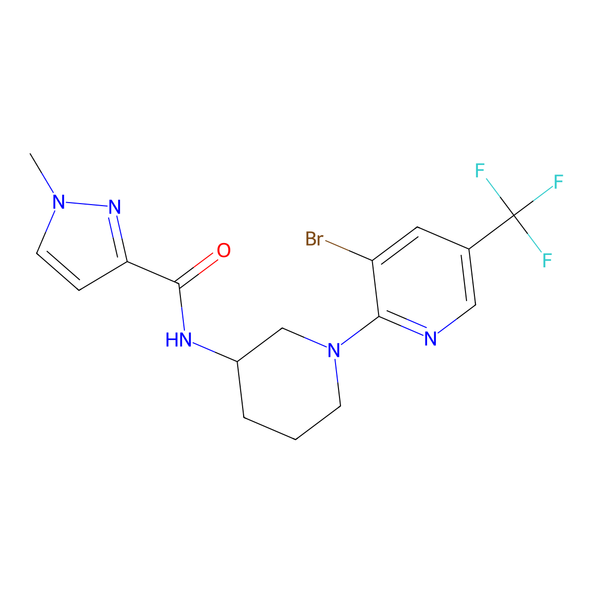 N-{1-[3-bromo-5-(trifluoromethyl)pyridin-2-yl]piperidin-3-yl}-1-methyl-1H-pyrazole-3-carboxamide molecular structure, CAS 3030762-16-1