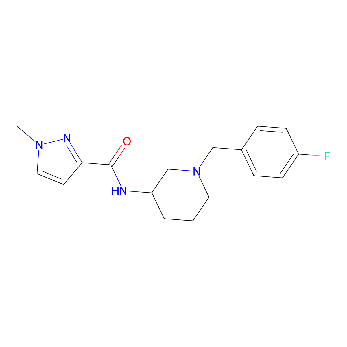 N-{1-[(4-fluorophenyl)methyl]piperidin-3-yl}-1-methyl-1H-pyrazole-3-carboxamide molecular structure, CAS 3030762-95-6