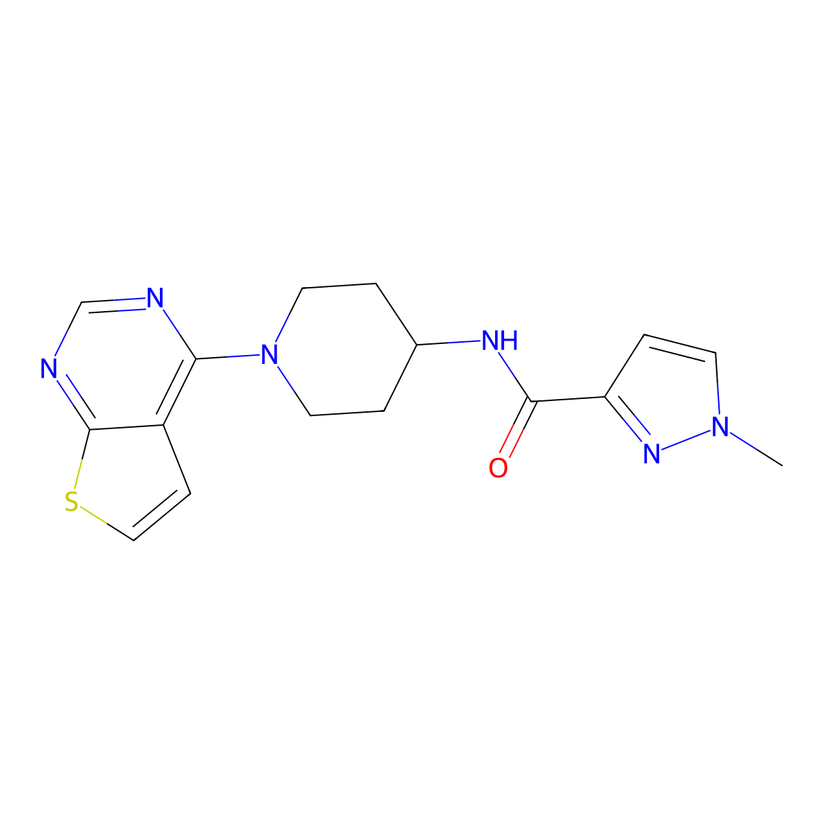1-methyl-N-(1-{thieno[2,3-d]pyrimidin-4-yl}piperidin-4-yl)-1H-pyrazole-3-carboxamide molecular structure, CAS 3030763-40-4