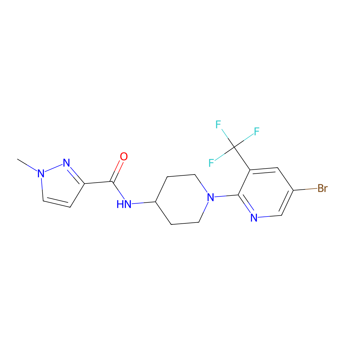 N-{1-[5-bromo-3-(trifluoromethyl)pyridin-2-yl]piperidin-4-yl}-1-methyl-1H-pyrazole-3-carboxamide molecular structure, CAS 3030763-59-5