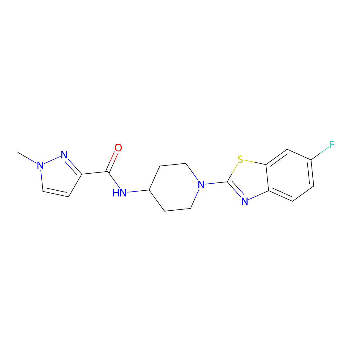 N-[1-(6-fluoro-1,3-benzothiazol-2-yl)piperidin-4-yl]-1-methyl-1H-pyrazole-3-carboxamide molecular structure, CAS 3030763-85-7