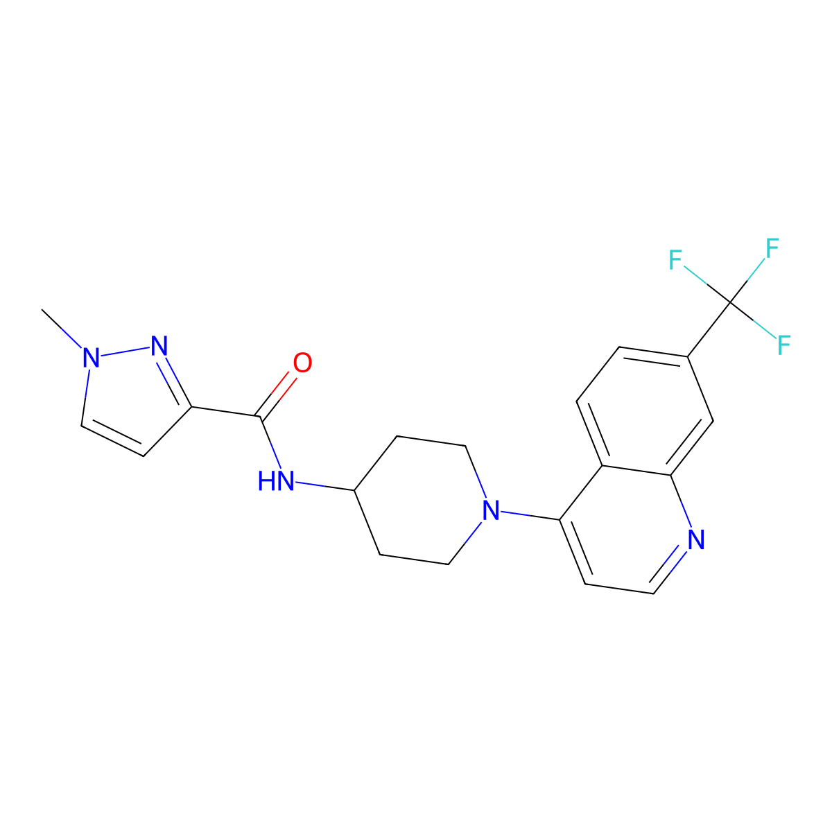 1-methyl-N-{1-[7-(trifluoromethyl)quinolin-4-yl]piperidin-4-yl}-1H-pyrazole-3-carboxamide molecular structure, CAS 3030764-00-9