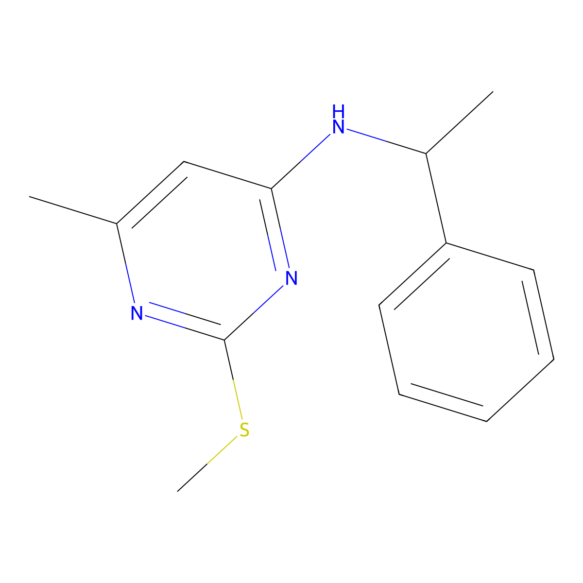 6-methyl-2-(methylsulfanyl)-N-(1-phenylethyl)pyrimidin-4-amine molecular structure, CAS 3030764-21-4