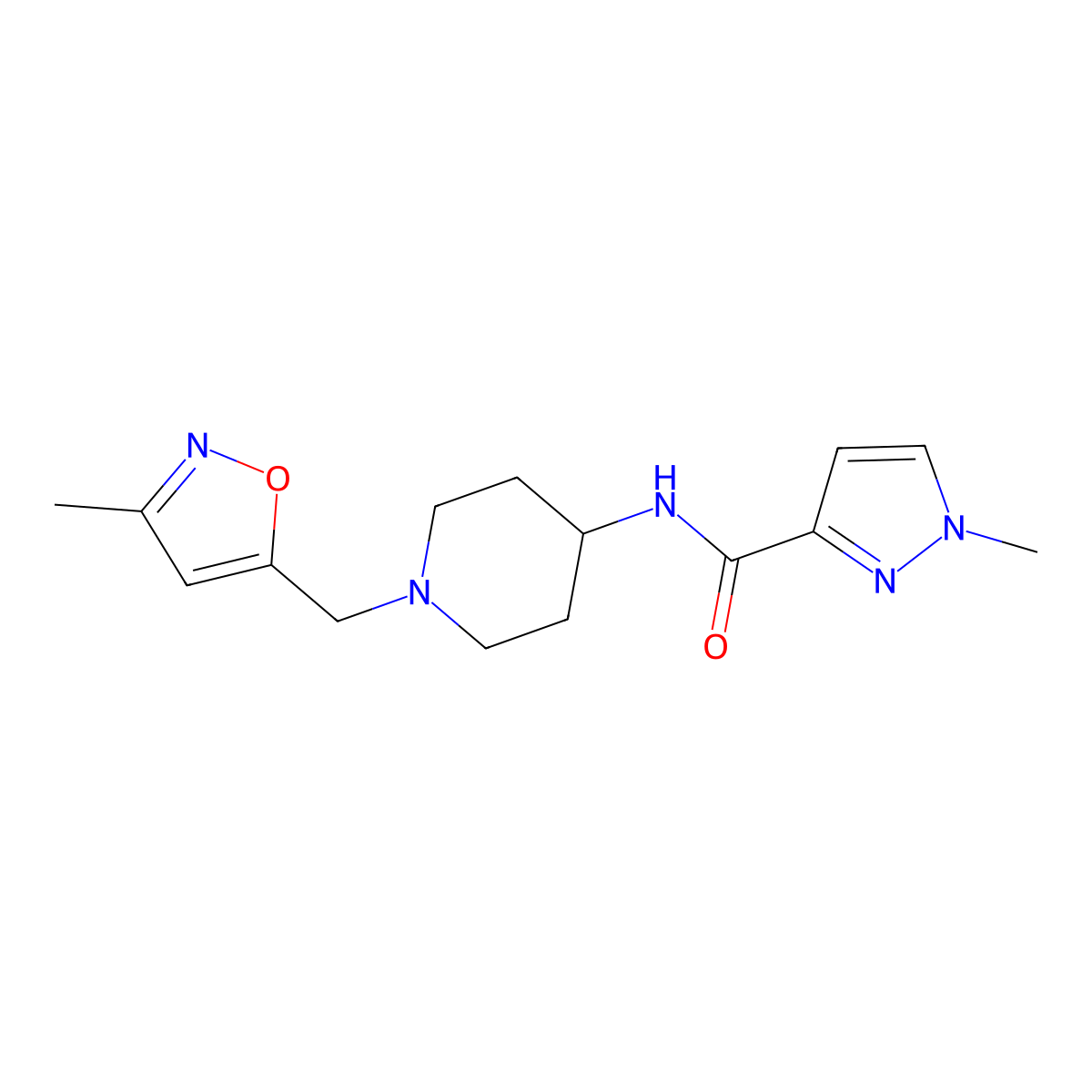 1-methyl-N-{1-[(3-methyl-1,2-oxazol-5-yl)methyl]piperidin-4-yl}-1H-pyrazole-3-carboxamide molecular structure, CAS 3030764-22-5