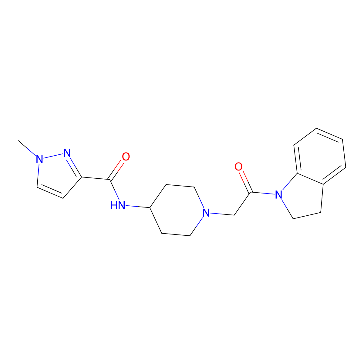 N-{1-[2-(2,3-dihydro-1H-indol-1-yl)-2-oxoethyl]piperidin-4-yl}-1-methyl-1H-pyrazole-3-carboxamide molecular structure, CAS 3030764-41-8