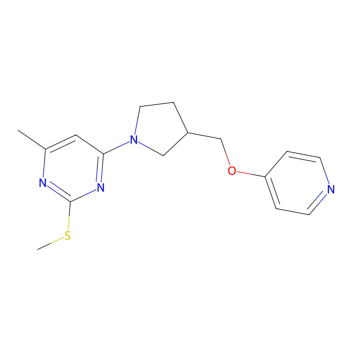 4-Methyl-2-(methylsulfanyl)-6-{3-[(pyridin-4-yloxy)methyl]pyrrolidin-1-yl}pyrimidine molecular structure, CAS 3030764-64-5