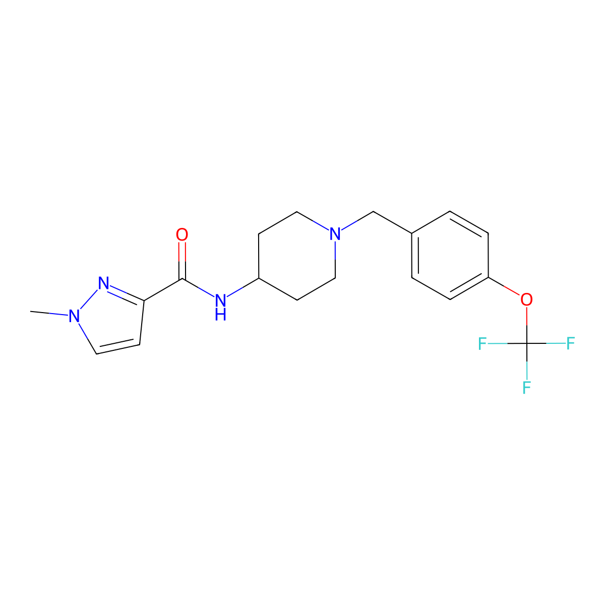 1-methyl-N-(1-{[4-(trifluoromethoxy)phenyl]methyl}piperidin-4-yl)-1H-pyrazole-3-carboxamide molecular structure, CAS 3030764-65-6