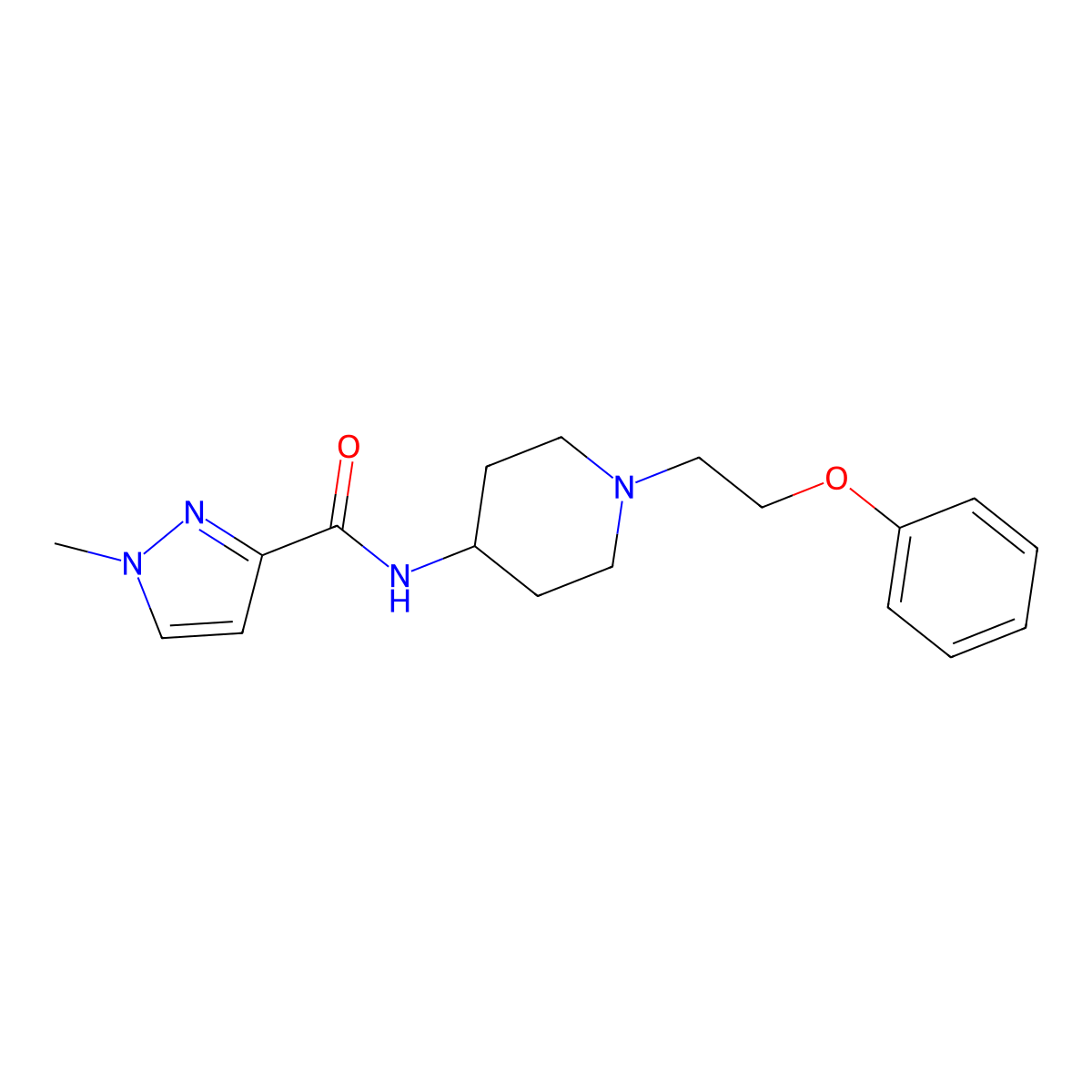 1-methyl-N-[1-(2-phenoxyethyl)piperidin-4-yl]-1H-pyrazole-3-carboxamide molecular structure, CAS 3030764-72-5