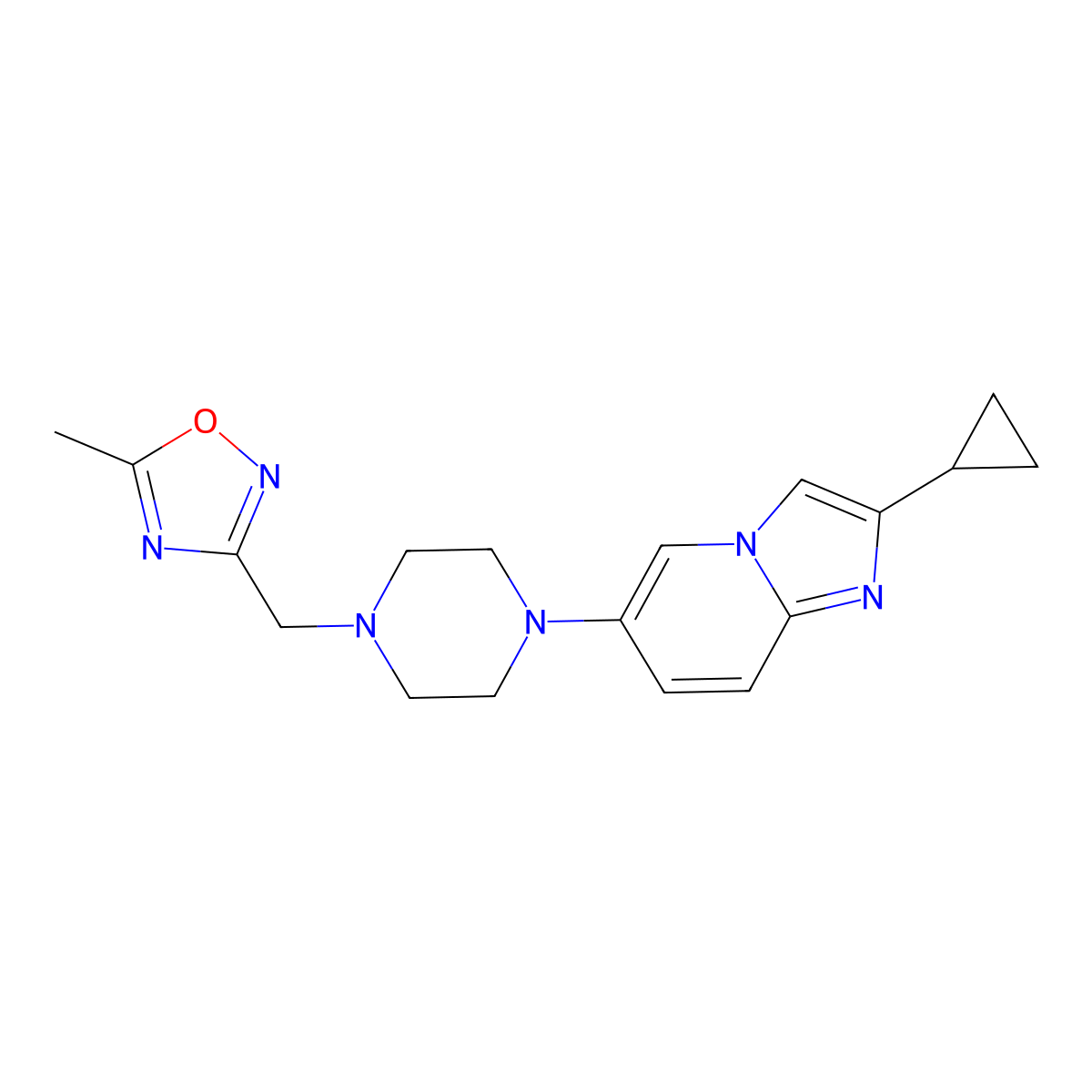 1-{2-Cyclopropylimidazo[1,2-a]pyridin-6-yl}-4-[(5-methyl-1,2,4-oxadiazol-3-yl)methyl]piperazine molecular structure, CAS 3030765-18-2