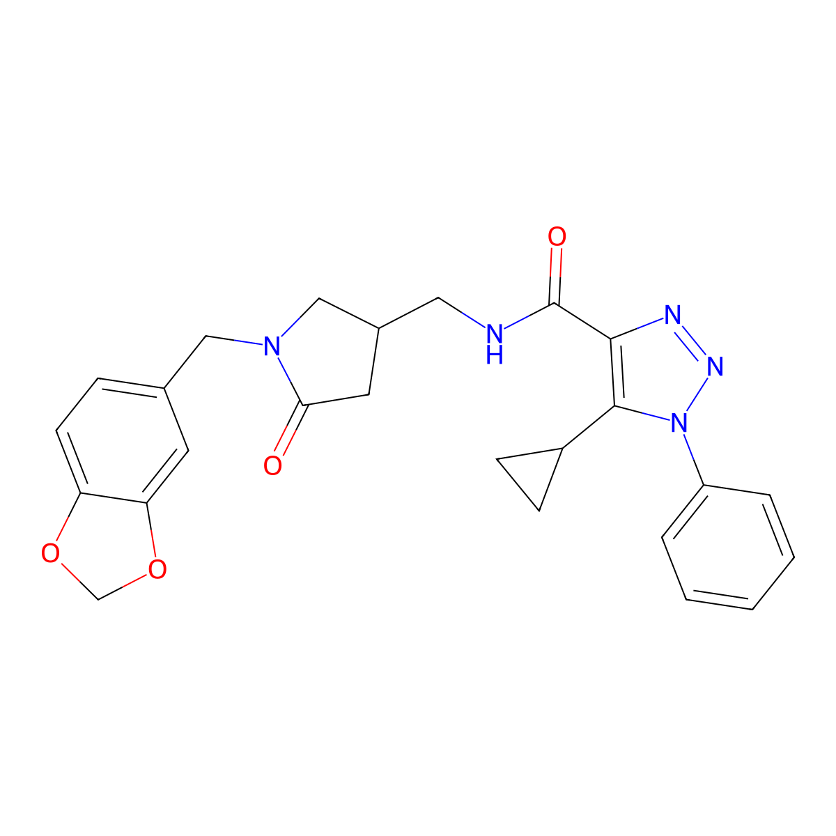 N-({1-[(2H-1,3-benzodioxol-5-yl)methyl]-5-oxopyrrolidin-3-yl}methyl)-5-cyclopropyl-1-phenyl-1H-1,2,3-triazole-4-carboxamide molecular structure, CAS 3030765-26-2