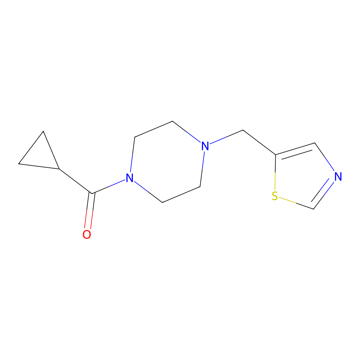 1-Cyclopropanecarbonyl-4-[(1,3-thiazol-5-yl)methyl]piperazine molecular structure, CAS 3030766-03-8