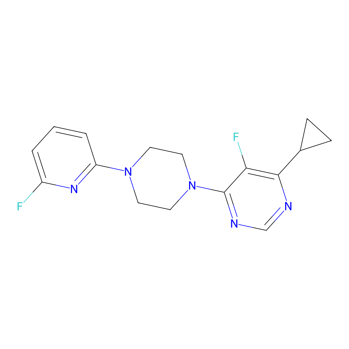 4-Cyclopropyl-5-fluoro-6-[4-(6-fluoropyridin-2-yl)piperazin-1-yl]pyrimidine molecular structure, CAS 3030766-04-9
