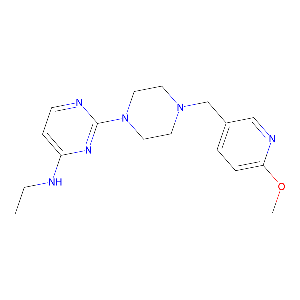 N-ethyl-2-{4-[(6-methoxypyridin-3-yl)methyl]piperazin-1-yl}pyrimidin-4-amine molecular structure, CAS 3030766-18-5