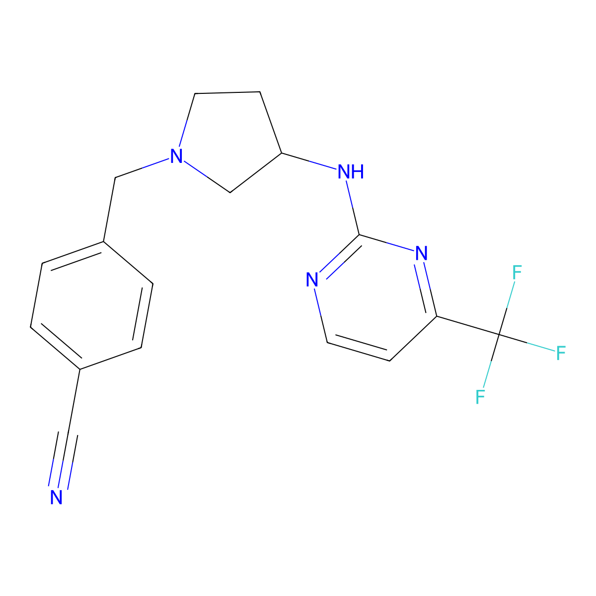 4-[(3-{[4-(Trifluoromethyl)pyrimidin-2-yl]amino}pyrrolidin-1-yl)methyl]benzonitrile molecular structure, CAS 3030766-49-2
